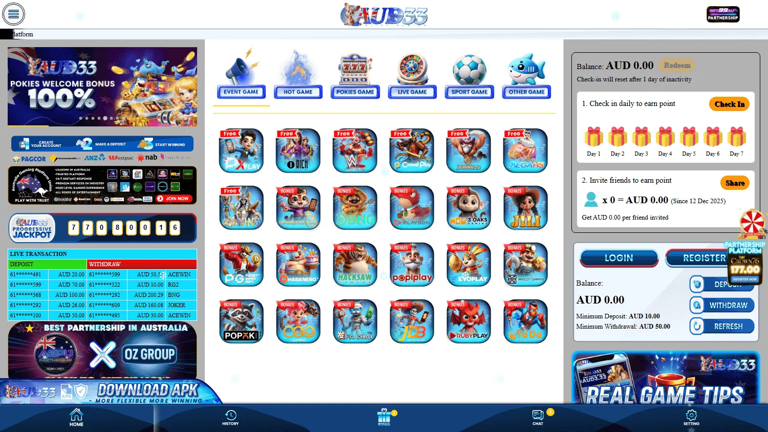 Aud33 Casino games area with casino and live game options