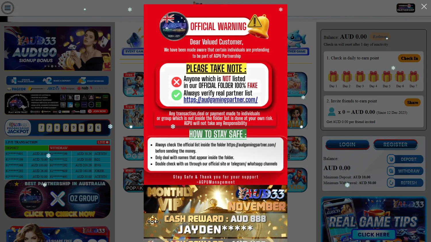 Aud33 Casino home screen with the welcome offer for Australian players